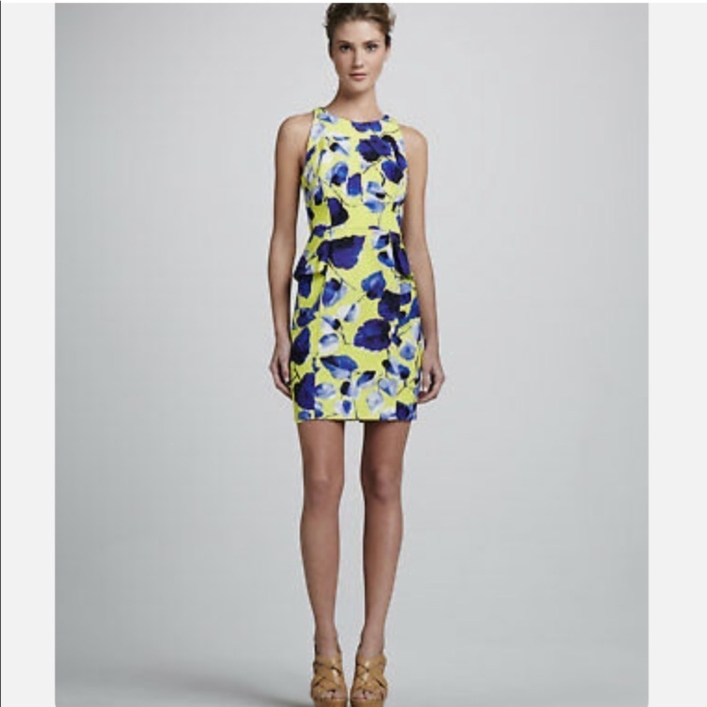 Milly of New York Peplum Sheath Mini Dress Floral Flowers Lemon Yellow Blue